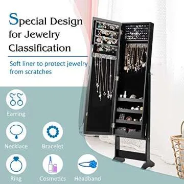 Giantex Jewelry Cabinet with Full-Length Mirror, Standing Jewelry Armoire Organizer with 64 Earring Slots, 72 Ring Slots, 20 Necklace Hooks, 4 Storage Shelves, 3 Angle Adjustable