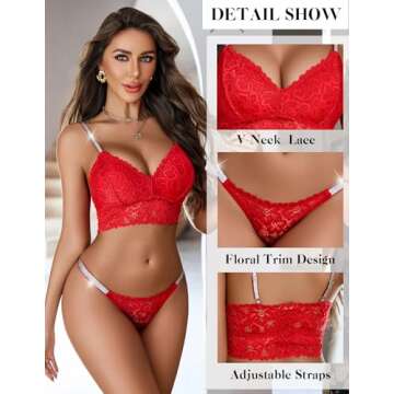 Avidlove Sexy Lace Lingerie Set for Women - Bralette & Panty (Red) Large
