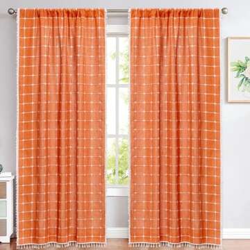 Aldopein Fall Autumn Boho Curtains for Bedroom 84-Inch Modern Farmhouse Cotton Linen Orange Rustic Tassel Window Curtain Panels Semi-Transparent Geometric Trellis Draperies Living Room Decor