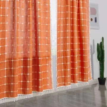 Aldopein Fall Autumn Boho Curtains for Bedroom 84-Inch Modern Farmhouse Cotton Linen Orange Rustic Tassel Window Curtain Panels Semi-Transparent Geometric Trellis Draperies Living Room Decor