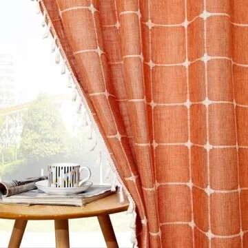 Aldopein Fall Autumn Boho Curtains for Bedroom 84-Inch Modern Farmhouse Cotton Linen Orange Rustic Tassel Window Curtain Panels Semi-Transparent Geometric Trellis Draperies Living Room Decor