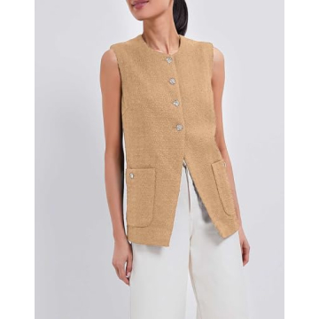 YEXPINE Women's Tweed Blazer Vest Button Front Casual Sleeveless Jackets Work Office Dressy Vest Y2K Waistcoat