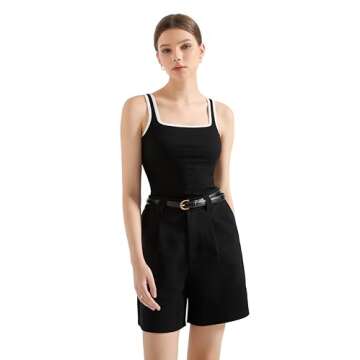 SUUKSESS Women Cotton Ribbed Summer Going Out Tops Padded Sleeveless Trendy Tank Tops Basic Square Crew Neck Top (Black-White, L)