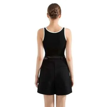 SUUKSESS Women Cotton Ribbed Summer Going Out Tops Padded Sleeveless Trendy Tank Tops Basic Square Crew Neck Top (Black-White, L)