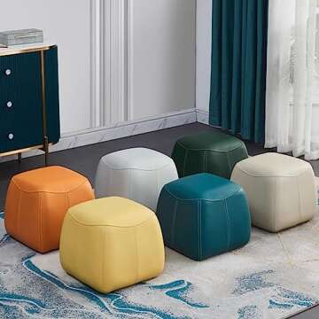 HM&DX PU Leather Pouf Ottoman, Light Luxury Comfortable Footstool, Sturdy Cube Multifunctional Footr...
