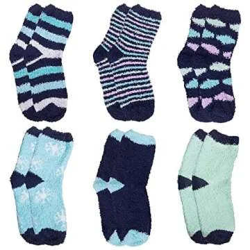 6 Pairs Womens Fuzzy Socks Winter Warm Soft Cozy Fluffy Microfiber House Sleeping Slipper Socks Christmas Gifts,J- Blue Stripe Socks
