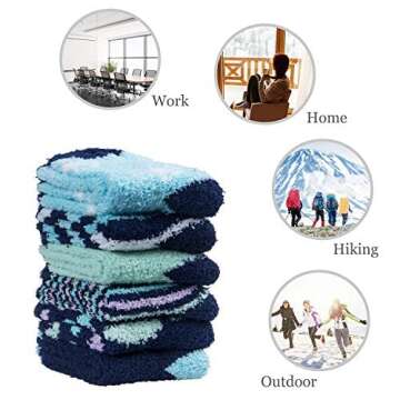 6 Pairs Womens Fuzzy Socks Winter Warm Soft Cozy Fluffy Microfiber House Sleeping Slipper Socks Christmas Gifts,J- Blue Stripe Socks