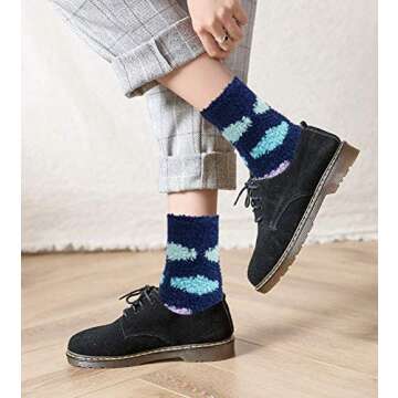 6 Pairs Womens Fuzzy Socks Winter Warm Soft Cozy Fluffy Microfiber House Sleeping Slipper Socks Christmas Gifts,J- Blue Stripe Socks