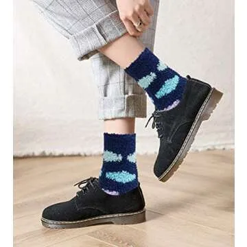 6 Pairs Womens Fuzzy Socks Winter Warm Soft Cozy Fluffy Microfiber House Sleeping Slipper Socks Christmas Gifts,J- Blue Stripe Socks