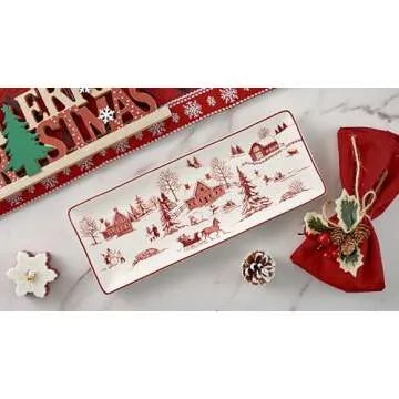 Bico Toile De Jouy Winter Wonderland Ceramic 14 inch Rectangular Serving Platter, Set of 2, for Serving Salad, Pasta, Cheese, Ham, Appetizer, Microwave & Dishwasher Safe