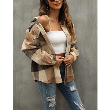 Tanming Womens Flannel Plaid Shacket Wool Blend Button Down Shirt Fall Fashion Jacket (01 Brown, S)