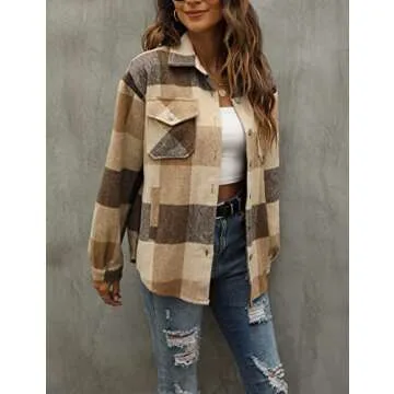 Tanming Womens Flannel Plaid Shacket Wool Blend Button Down Shirt Fall Fashion Jacket (01 Brown, S)