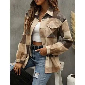 Tanming Womens Flannel Plaid Shacket Wool Blend Button Down Shirt Fall Fashion Jacket (01 Brown, S)