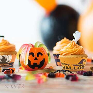 HONGER Halloween Party Supplies Cupcake Decorations - 250PCS Halloween Cake Liners Decor, Pumpkin Paper Cupcake Wrapper, Muffin Case Trays, Baking Cups Wraps, Dessert Favors for Happy Halloween Table
