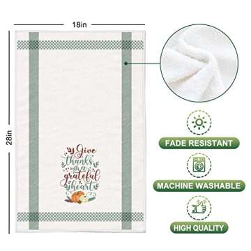 Whaline Fall Kitchen Towel Autumn Leaves Green Brown Plaids Dish Towel Retro Thanksgiving Fall Harve...