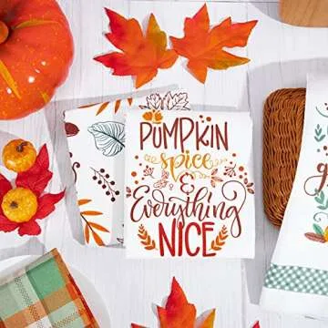 Whaline Fall Kitchen Towel Autumn Leaves Green Brown Plaids Dish Towel Retro Thanksgiving Fall Harvest Tea Towel Hand Drying Cloth Towel for Autumn Holiday Kitchen Cooking Baking, 4 Pack, 28 x 18 Inch