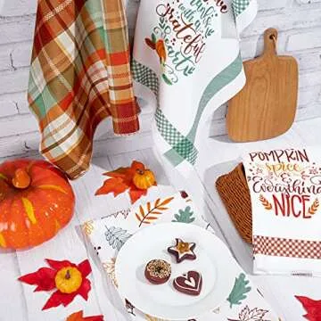 Whaline Fall Kitchen Towel Autumn Leaves Green Brown Plaids Dish Towel Retro Thanksgiving Fall Harvest Tea Towel Hand Drying Cloth Towel for Autumn Holiday Kitchen Cooking Baking, 4 Pack, 28 x 18 Inch