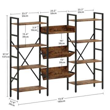 IRONCK Bookcases and Bookshelves Triple Wide 4 Tiers Industrial Bookshelf, Large Etagere Bookshelf Open Record Player Shelves with Metal Frame for Living Room, Home Office, Vintage Brown