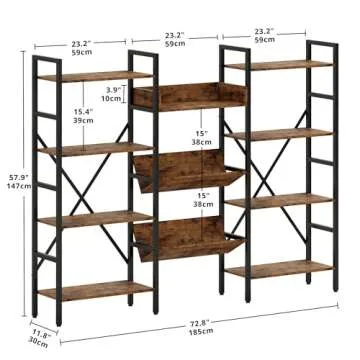 IRONCK Bookcases and Bookshelves Triple Wide 4 Tiers Industrial Bookshelf, Large Etagere Bookshelf Open Record Player Shelves with Metal Frame for Living Room, Home Office, Vintage Brown