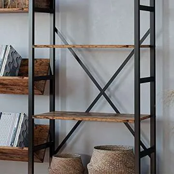 IRONCK Bookcases and Bookshelves Triple Wide 4 Tiers Industrial Bookshelf, Large Etagere Bookshelf Open Record Player Shelves with Metal Frame for Living Room, Home Office, Vintage Brown