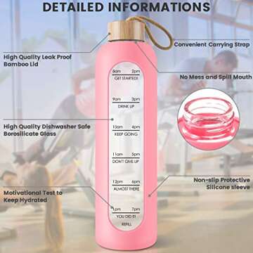 PROBTTL 32 Oz Borosilicate Glass Water Bottle with Time Marker Reminder Quotes, 1 Liter Leak Proof Reusable BPA Free Motivational Water Bottles with Silicone Sleeve and Bamboo Lid (Pink)