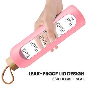 PROBTTL 32 Oz Borosilicate Glass Water Bottle with Time Marker Reminder Quotes, 1 Liter Leak Proof Reusable BPA Free Motivational Water Bottles with Silicone Sleeve and Bamboo Lid (Pink)