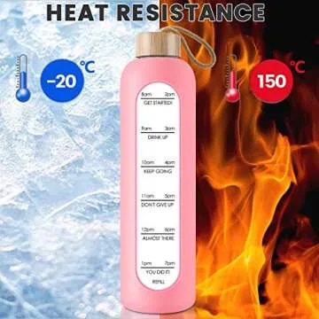 PROBTTL 32 Oz Borosilicate Glass Water Bottle with Time Marker Reminder Quotes, 1 Liter Leak Proof Reusable BPA Free Motivational Water Bottles with Silicone Sleeve and Bamboo Lid (Pink)