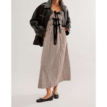 Women's 2024 Summer Boho Square Neck Front Bow Midi Dress Puff Long Sleeve Plaid Ruffle Backlass Long Dress (Light Brown, M)