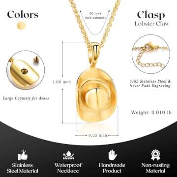 Hearbeingt Cowboy Hat Cremation Jewelry for Ashes Urn Necklace for Ashes for Women Men Stainless Steel Memorial Ash Urn Jewelry