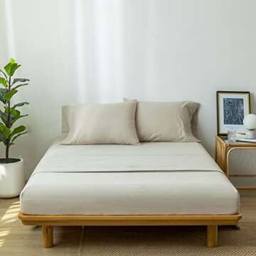 MooMee Bedding Sheet Set 100% Washed Cotton Linen Like Textured Breathable Durable Soft Comfy (Cream Grey, Queen)