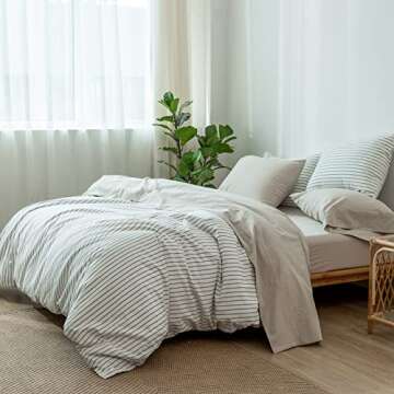 MooMee Bedding Sheet Set 100% Washed Cotton Linen Like Textured Breathable Durable Soft Comfy (Cream Grey, Queen)