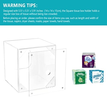 HBlife Facial Tissue Dispenser Box Cover Square Clear Acrylic Mask Case Holder with Magnetic Bottom, Dryer Sheet Holder for Car, Bathroom, Laundry, Office, Counter and Table, 5.51 x 5.51 x 5.91 Inches