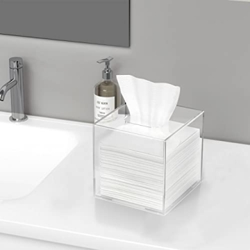 HBlife Facial Tissue Dispenser Box Cover Square Clear Acrylic Mask Case Holder with Magnetic Bottom, Dryer Sheet Holder for Car, Bathroom, Laundry, Office, Counter and Table, 5.51 x 5.51 x 5.91 Inches