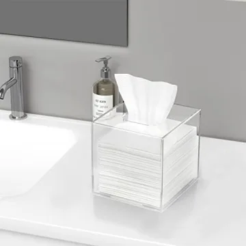 HBlife Facial Tissue Dispenser Box Cover Square Clear Acrylic Mask Case Holder with Magnetic Bottom, Dryer Sheet Holder for Car, Bathroom, Laundry, Office, Counter and Table, 5.51 x 5.51 x 5.91 Inches