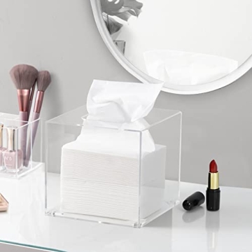 HBlife Facial Tissue Dispenser Box Cover Square Clear Acrylic Mask Case Holder with Magnetic Bottom, Dryer Sheet Holder for Car, Bathroom, Laundry, Office, Counter and Table, 5.51 x 5.51 x 5.91 Inches