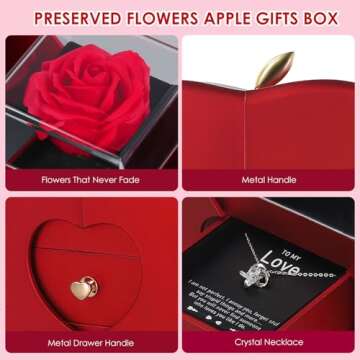 Eternal Flowers Rose with Necklace Apple Gift Box, Forever Rose that Never Wither with Four-leaf Clover Eternal Heart Necklace,Gifts for her on Anniversaries, Christmas Birthdays Valentine's Day