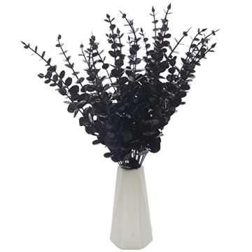 Tinsow 26 Pcs Black Artificial Eucalyptus Stems Faux Halloween Flowers Eucalyptuses Real Touch Leaf Centerpiece Home Decor (26, Black)