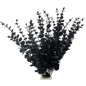 Tinsow 26 Pcs Black Artificial Eucalyptus Stems Faux Halloween Flowers Eucalyptuses Real Touch Leaf Centerpiece Home Decor (26, Black)