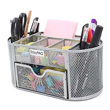 EasyPAG Desk Organizer with Drawer Mesh Office Supplies Stationery Caddy Multi-functional Desktop Pencil Holder, Silver