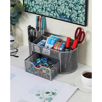 EasyPAG Desk Organizer with Drawer Mesh Office Supplies Stationery Caddy Multi-functional Desktop Pencil Holder, Silver