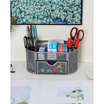 EasyPAG Desk Organizer with Drawer Mesh Office Supplies Stationery Caddy Multi-functional Desktop Pencil Holder, Silver