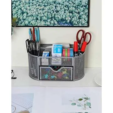 EasyPAG Desk Organizer with Drawer Mesh Office Supplies Stationery Caddy Multi-functional Desktop Pencil Holder, Silver