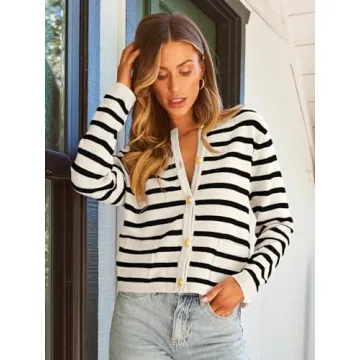 LILLUSORY Women's Striped Cardigan Sweaters Fall Outfits Clothes Fashion Trendy Long Sleeve Tops Casual Knit Lady Jackets Apricot Black M