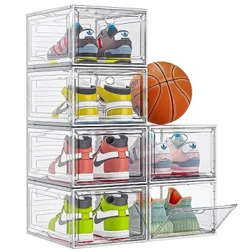 Thicken & Sturdy Clear Shoe Storage Organizer with Magnetic Door, Stackable Boxes for Closet, Foldab...