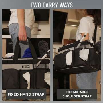 SCAVATA Wearable Cleaning Caddy Bag, Cleaning Caddy Supplies Organizer with Handle & Shoulder Straps for Housekeepers, Under Sink & Car Cleaning Tool Organizers with 4 Foldable Divider (Grey)