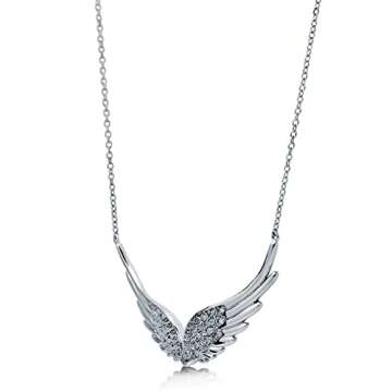 BERRICLE Sterling Silver Angel Wings Cubic Zirconia CZ Fashion Pendant Necklace for Women, Rhodium Plated 14.5 inch