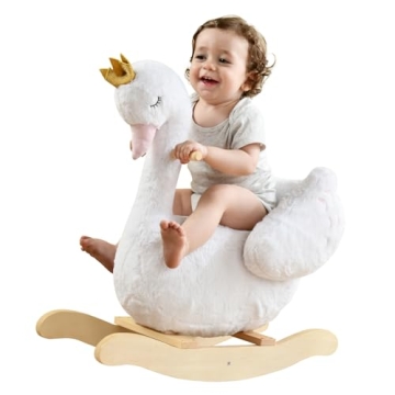labebe - Plush Rocking Horse Wooden, Baby Riding Animal White Swan, Kid Ride On Toy for 1-3 Year Old...