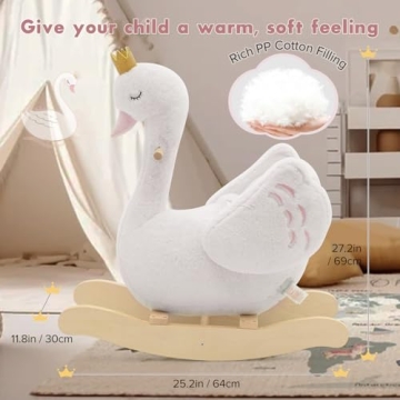 labebe - Plush Rocking Horse Wooden, Baby Riding Animal White Swan, Kid Ride On Toy for 1-3 Year Old, Girl&Boy Stuffed Rocking Animal Outdoor, Nursery/Infant/Child Christmas or Birthday Gift