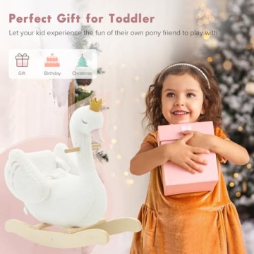 labebe - Plush Rocking Horse Wooden, Baby Riding Animal White Swan, Kid Ride On Toy for 1-3 Year Old, Girl&Boy Stuffed Rocking Animal Outdoor, Nursery/Infant/Child Christmas or Birthday Gift