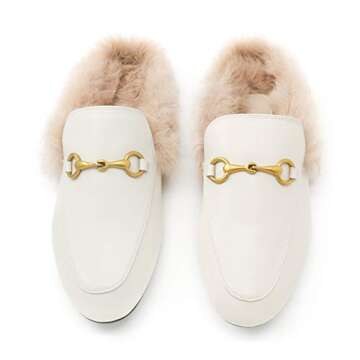 Comfity Mules for Women, Womens Slip On New Metal Decor Mule Flats Embroidery Loafers Backless Faux Fur Slippers White Fur 7 US